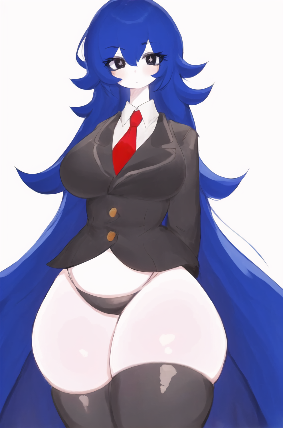 1girls ai_generated ass black_eyes black_panties black_stockings blue_hair blush bongbong breasts dot_nose employee_(lobotomy_corporation) hands_behind_back highres large_ass large_breasts lobotomy_corporation long_hair looking_at_viewer panties project_moon red_tie simple simple_background solo source_request star_shaped_pupils stockings suit symbol-shaped_pupils thick_thighs thighs thin_panties tie usa37107692 usa37107692_(style) white_background white_skin wide_hips