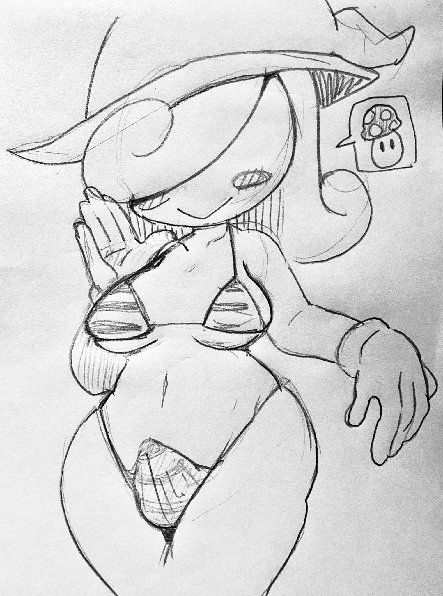 1futa, bikini, bulge, cowboy shot, curvy, erection, erection under clothes, futa only, futanari, ghost, gloves, hat, intersex, itimu, mario (series), monochrome, nintendo, nipples, paper mario, paper mario: the thousand-year door, penis, small penis, solo, thick thighs, traditional media (artwork), vivian (paper mario), wide hips, witch hat