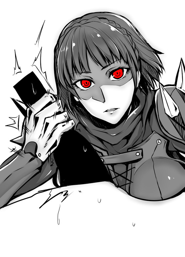 1girls, atlus, bad censor, braid, braided hair, breasts, brown hair, censor bar, censored, costume, covered penis, emotionless, female, gggg, gloves, gripping cock, handjob, lace trim, large breasts, looking at viewer, makoto niijima, makoto niijima (queen), male, penis, persona, persona 5, phantom thief suit, red eyes, short hair, spiked armlet, spikes, squeezing penis, tagme, white background