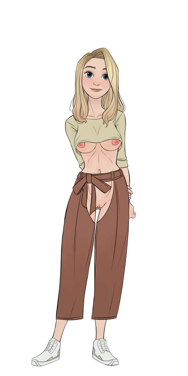 alice blonde_hair blue_eyes clothing coral_island female half_naked medium_breasts naked_female pants