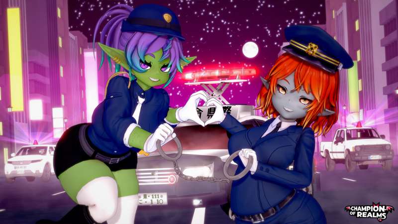 2girls 3d big_breasts champion_of_realms female goblin goblin_female green_skin grey_skin handcuffs koikatsu maeve_(cor) police_uniform sfw syxia_(cor) tagme zimon