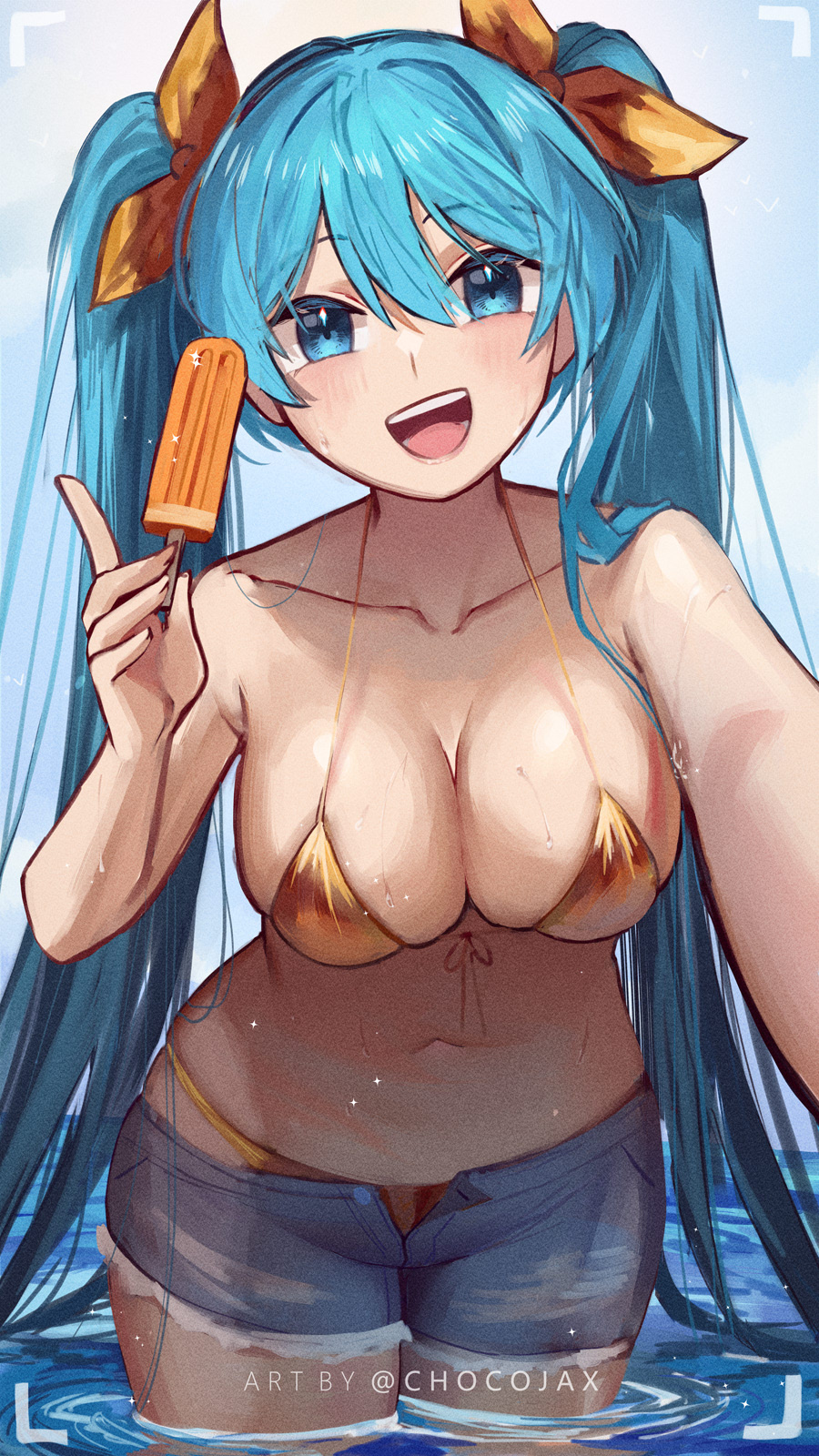 2d :d artist_name barely_contained big_breasts bikini bikini_under_clothes blue_eyes blue_hair chocojax female female_only gold_bikini golden_week hatsune_miku holding_ice_cream holding_object ice_cream jean_shorts light-skinned_female light_skin looking_at_viewer midriff navel orange_bow pale-skinned_female pale_skin ripped_clothing ripped_shorts shorts skindentation smiling solo submerged_legs twintails unbuttoned_shorts unzipped unzipped_shorts vocaloid water watermark wet wet_body