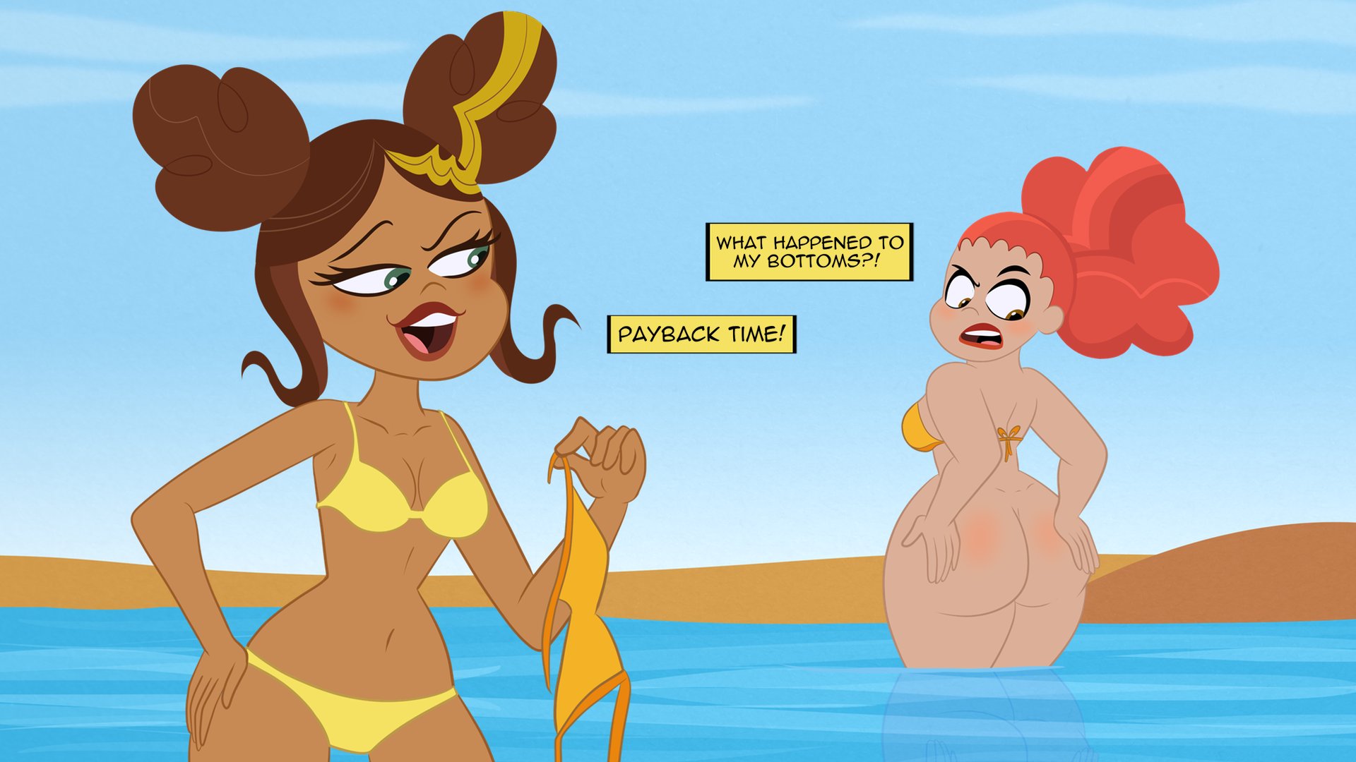 2girls, african female, ass, assisted exposure, beach, big ass, bikini, bikini malfunction, bottomless, brown hair, bumblebee (dc), chocolate and vanilla, commission, dark skin, dark-skinned female, dc, dc comics, dc super hero girls, dialogue box, doris zeul, doris zeul (shg), embarrassed, enf, english text, fat ass, female, female only, giganta, hands on ass, karen beecher, karen beecher (shg), multiple females, multiple girls, red hair, scobionicle99, smug, stolen bikini, stolen swimsuit, wardrobe malfunction, wide hips