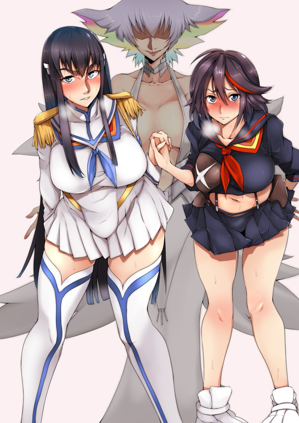 3girls bending_forward big_breasts black_hair black_hair_bottom blush domination eyepatch female female_protagonist gggg holding_hands incest insertion junketsu kill_la_kill kiryuuin_ragyou kiryuuin_satsuki large_breasts light_hair_on_dark_hair long_dress long_hair looking_at_viewer matoi_ryuuko mother mother_and_daughter multiple_girls rainbow_hair school_uniform schoolgirl senketsu sentient_clothing short_hair siblings sisters skirt steam suggestive suggestive_posing thighhighs white_background white_hair white_hair_on_black_hair white_hair_top white_shoes white_thighhighs