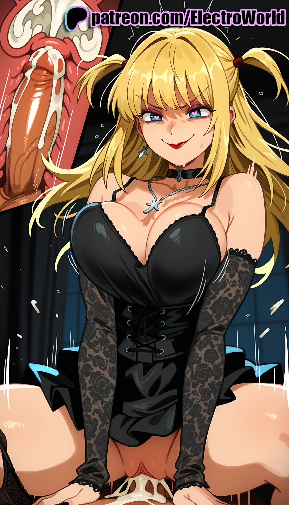 1boy, 1girls, 2026, ai generated, artist name, big breasts, big chest, black choker, black panties, blonde hair, breasts, bust, busty, cervix, chest, choker, clothed sex, cock, cowgirl position, cross, cross section, cum, cum in pussy, death note, deep penetration, dick, ejaculation, electroworld, english text, female, fucking, hi res, high quality, high resolution, highres, intercourse, internal cumshot, jewelry, large breasts, legs apart, legs spread, long hair, love making, misa amane, mole, mole under eye, necklace, open legs, orgasm, overflow, ovum, panties, patreon, patreon username, penetration, penis, sex, sexual intercourse, solo focus, splayed legs, spread legs, stable diffusion, straddling, straight, two side up, uncensored, underwear, uterus, vaginal penetration, watermark