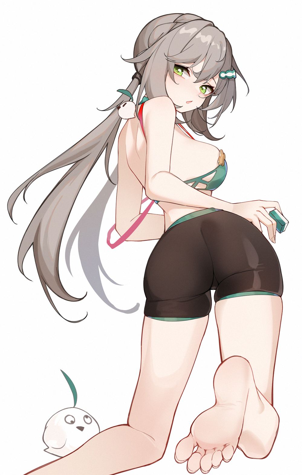 1girls ass brown_hair feet female green_eyes hair_ornament honkai:_star_rail inniyik looking_at_viewer qingque_(honkai:_star_rail) soles twintails underwear very_long_hair