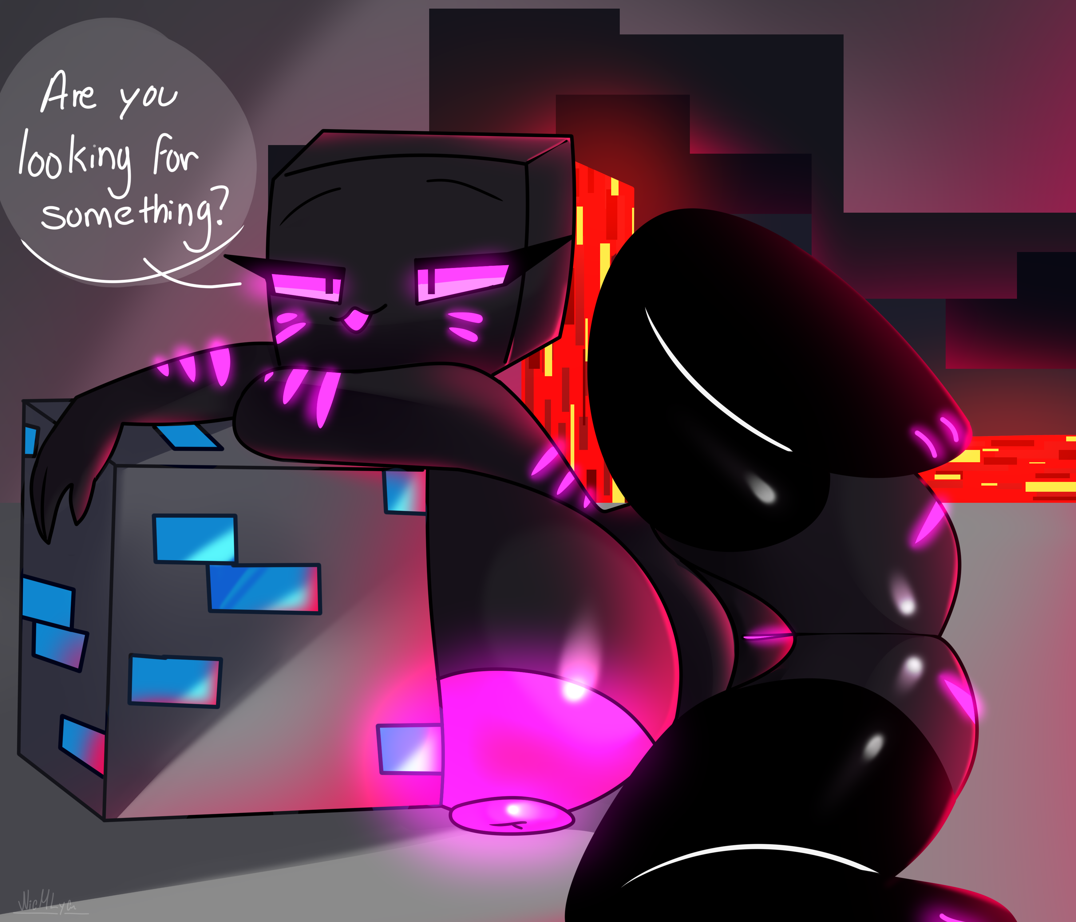 absurd res, anthro, areola, big breasts, black body, breasts, clothing, enderman, enderwoman, english text, female, footwear, genderswap, genitals, hi res, huge breasts, humanoid, looking at viewer, minecraft, minecraft mob, mob, nic-m-lyc, nipples, nude, purple eyes, pussy, rule 63, socks, solo, text, thick thighs, video games