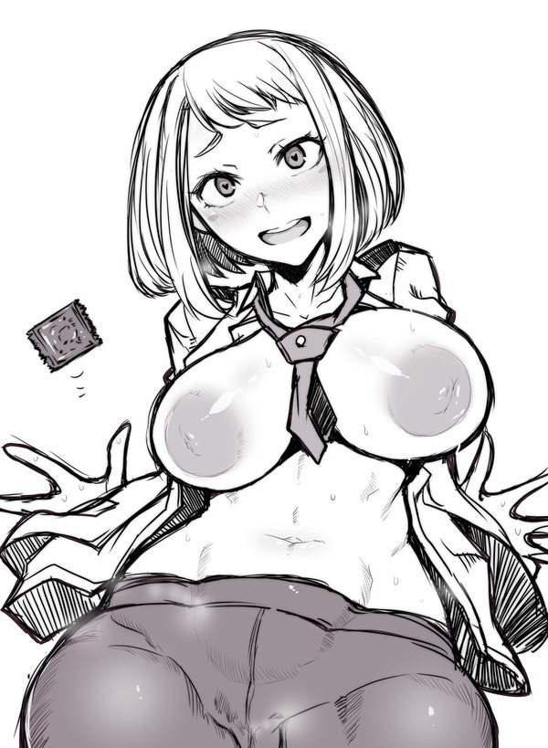 big breasts, black and white, blush, breasts, cameltoe, condom, female, flustered, gggg, inverted nipples, large areolae, large breasts, my hero academia, necktie, ochako uraraka, pussy, school uniform, short hair, thick thighs, thighhighs, tight clothing, unbuttoned shirt