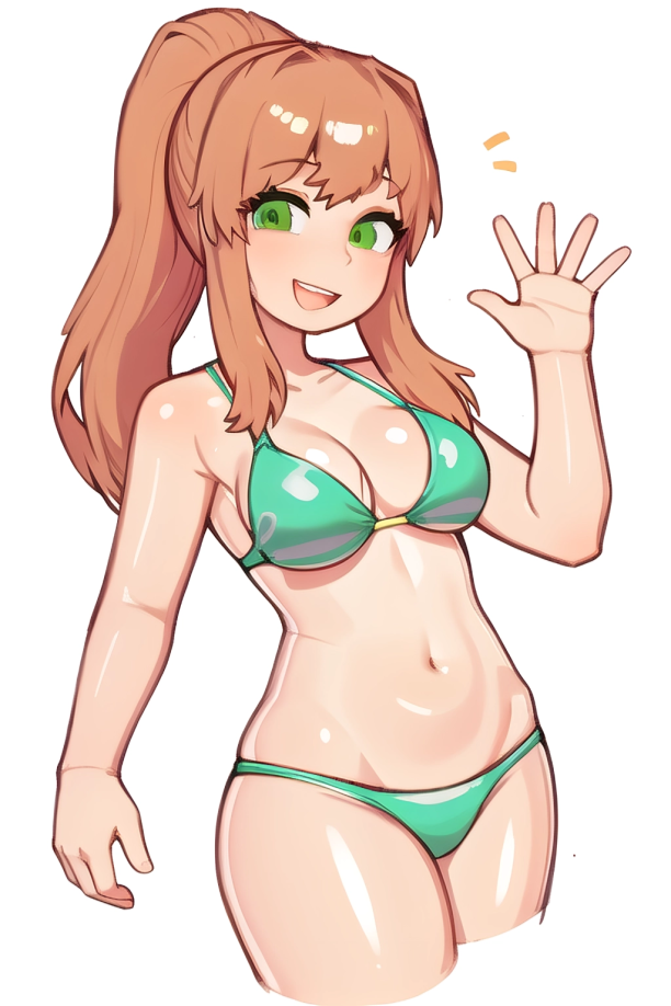 5_fingers :d ai_generated bangs bikini blushing cleavage clothed color coral_brown_hair doki_doki_literature_club green_bikini green_eyes happy monika_(doki_doki_literature_club) oiled_skin pixai ponytail shiny_skin sidelocks simple_background smile smiling waving waving_at_viewer