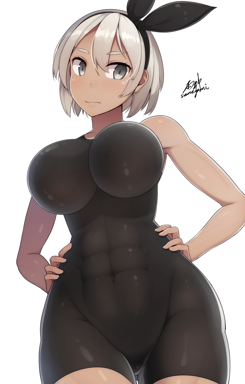 1girls, 2d, abs, alternate breast size, artist name, bea (pokemon), big breasts, breasts, brown skin, brown-skinned female, dark skin, dark-skinned female, female, grey eyes, grey hair, hairband, human, large breasts, leotard, nintendo, pokemon, pokemon ss, samegami, short hair, solo, sportswear, standing, thick thighs, thighs, white background