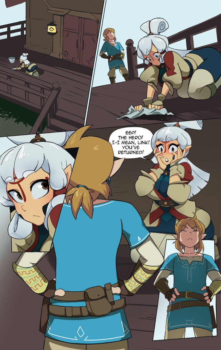 1boy, 1girls, 2020, ass, big ass, big breasts, blush, breasts, breath of the wild, brown eyes, clothed, comic, female, link, link (breath of the wild), male, nintendo, paya (the legend of zelda), schpicy, sheikah, source request, surprise, the legend of zelda, white hair
