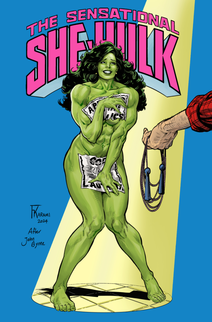 1girls, 2024, breasts, canonical scene, comic, comic cover, covering, covering breasts, covering self, ear piercing, earring, earrings, embarrassed, embarrassed nude female, enf, farid krk, feet, female, female focus, female only, green body, green hair, green skin, green-skinned female, hulk (series), marvel, marvel comics, muscles, muscular, muscular female, nude, nude female, only one naked, she-hulk, solo, tagme