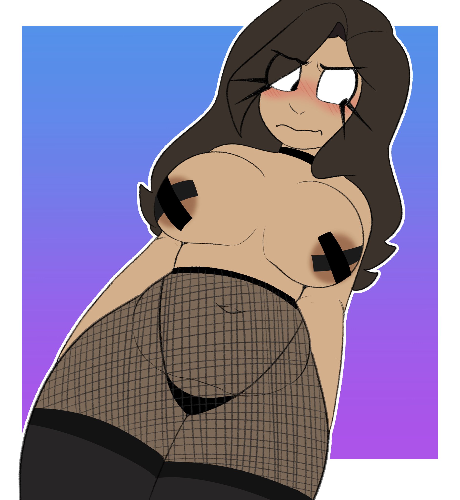 1girls, artist self-insert, big breasts, blush, breasts, brown hair, choker, chubby, dark skin, female, fishnets, latina, lizielewddle, lizielewddle (character), pasties, peonypetals, tagme, taped nipples, thighhighs, thighhighs over fishnets