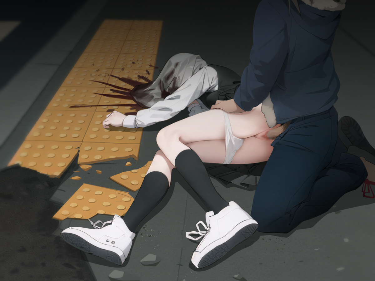 blood, censored, censored penis, censored pussy, chainsaw man, death, female, female death, gore, guro, highres, male, mitaka asa, necrophilia, panties, panties down, penis, penis in pussy, pussy, sex, straight, vaginal penetration, vaginal sex, yamomo