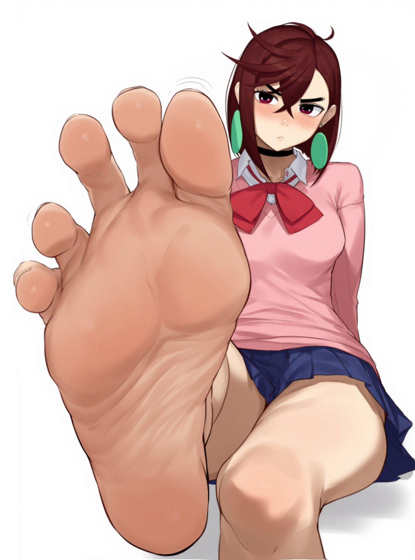 1girls, ai generated, ayase momo, barefoot, dandadan, earrings, feet, feet up, female, female only, foot fetish, foot focus, greek toe, gyaru, kogal, school uniform, skirt, soles, solo, sweat, sweater, timruya, tuna erozon