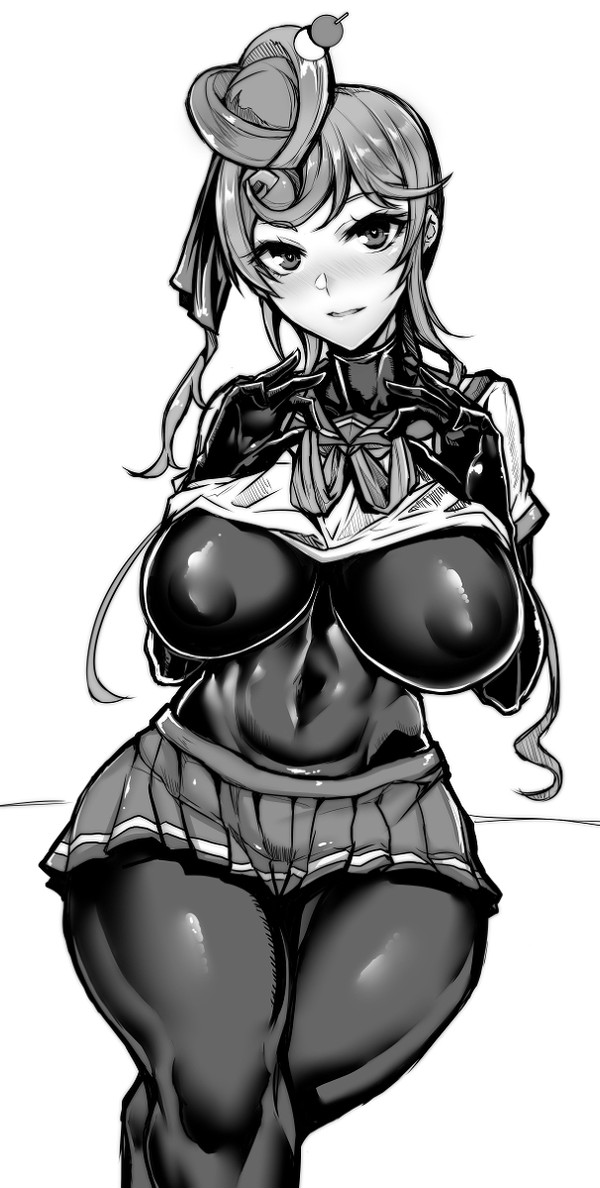 1girls, big breasts, black and white, black legwear, blush, breasts, female, flashing, gggg, hair ornament, large breasts, long hair, looking at viewer, school uniform, skin tight, skirt, thighhighs, yuugiri (zombie land saga), zombie, zombie girl, zombie land saga