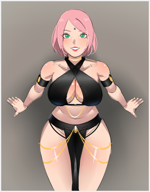 1girls big_breasts black_dress boruto:_naruto_next_generations breasts cleavage cleavage_cutout colored_sketch curvy donchibi dress female female_only green_eyes looking_at_viewer mature_female midriff milf naruto naruto_(series) pink_hair sakura_haruno short_hair skimpy skimpy_dress solo thick_thighs thighs wide_hips yomorio_lingerie