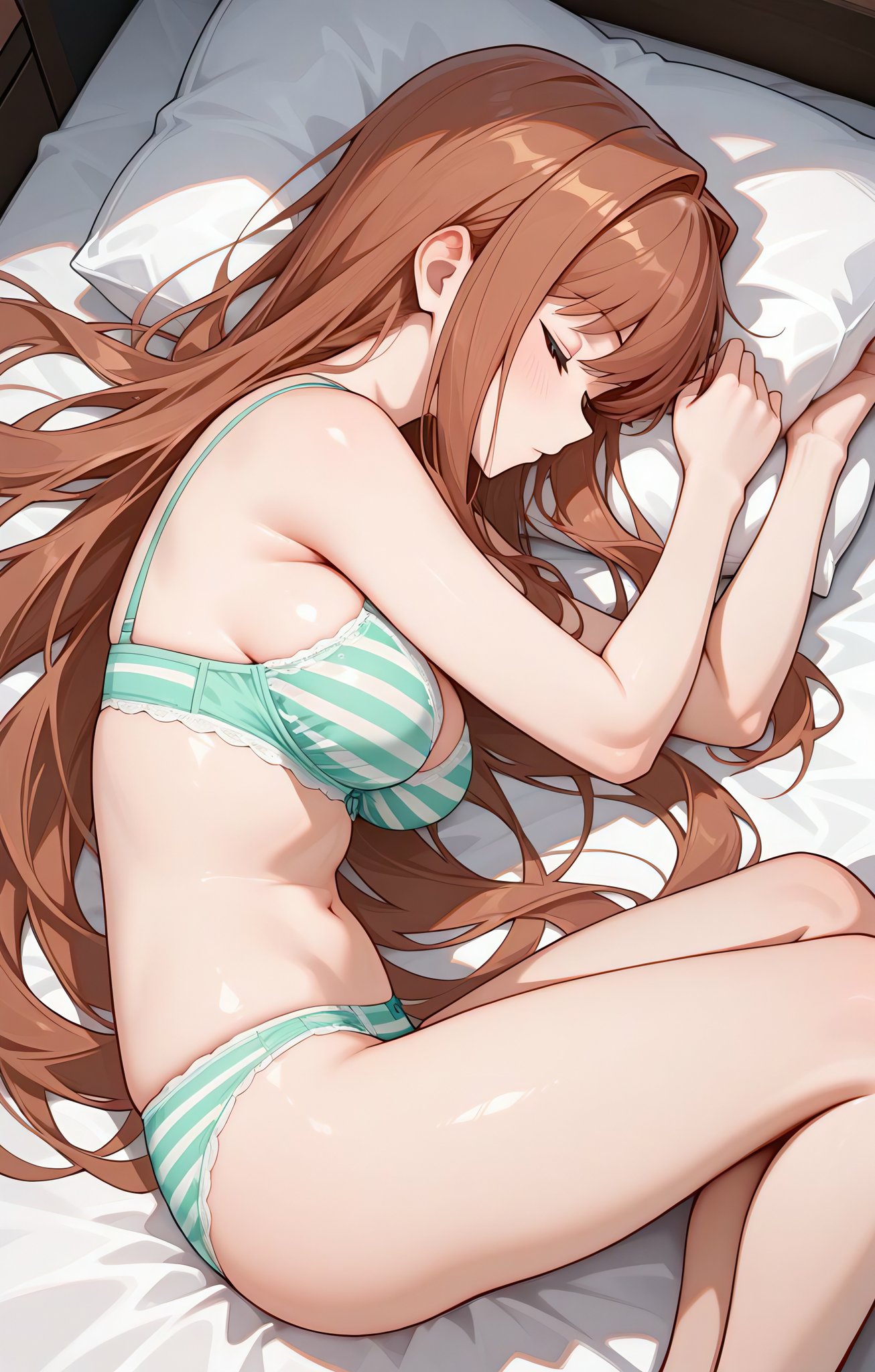 1girls, ai generated, bed, belly, belly button, bra, breasts, brown hair, closed eyes, doki doki literature club, female, jeff ddlc, long hair, matching underwear, monika (doki doki literature club), navel, on bed, on side, panties, solo, striped bra, striped panties, thighs, underwear, underwear only