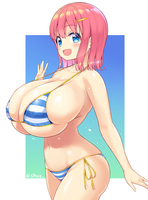 1girls belly bikini blue_eyes blush blushing clothed clothed_female cute female female_only gigantic_breasts happy navel nipple_bulge non-nude open_mouth shuz_(dodidu) smile solo standing swimsuit tagme top_heavy