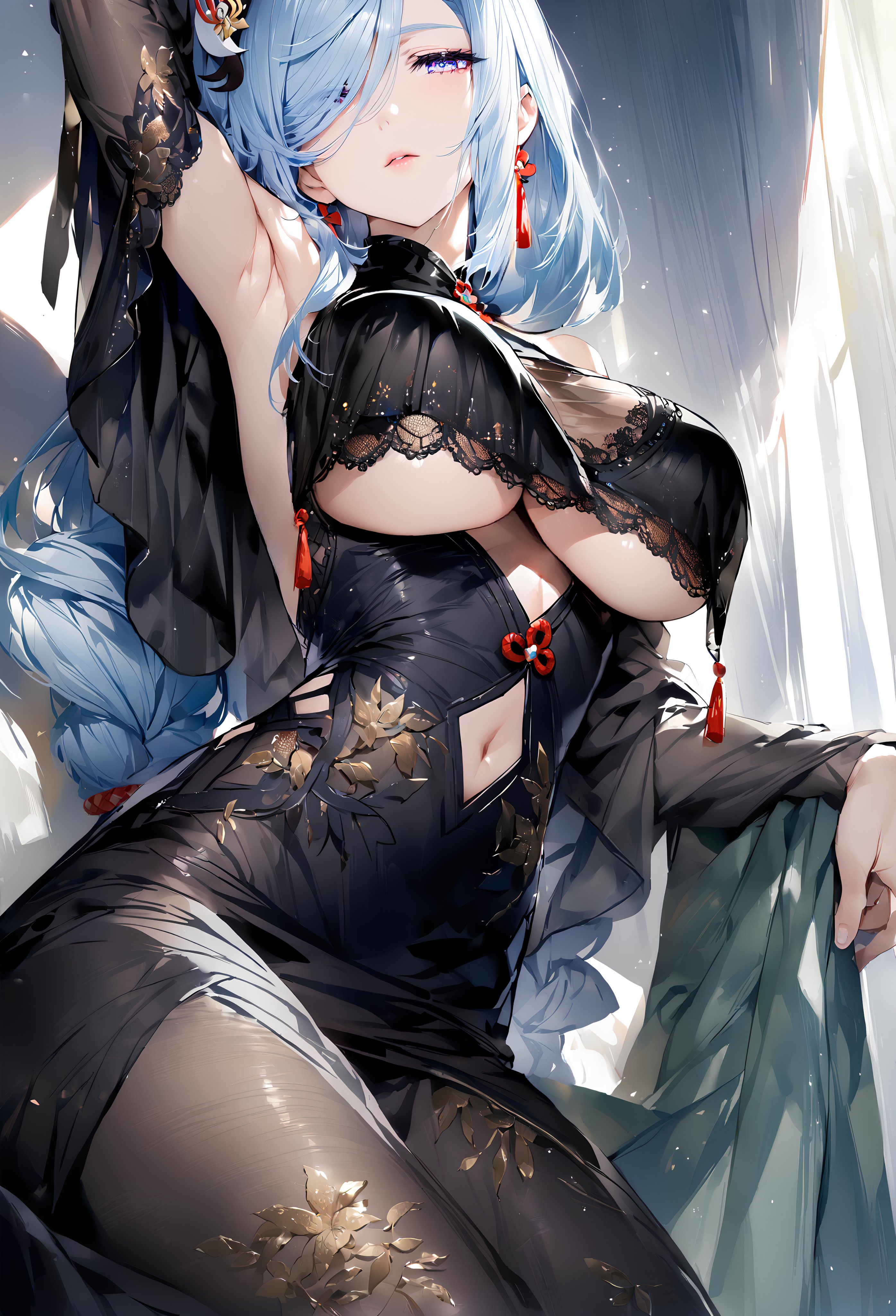 ai generated, armpits, breasts, dress, female, genshin impact, lingerie, pantyhose, shenhe (genshin impact), underboob