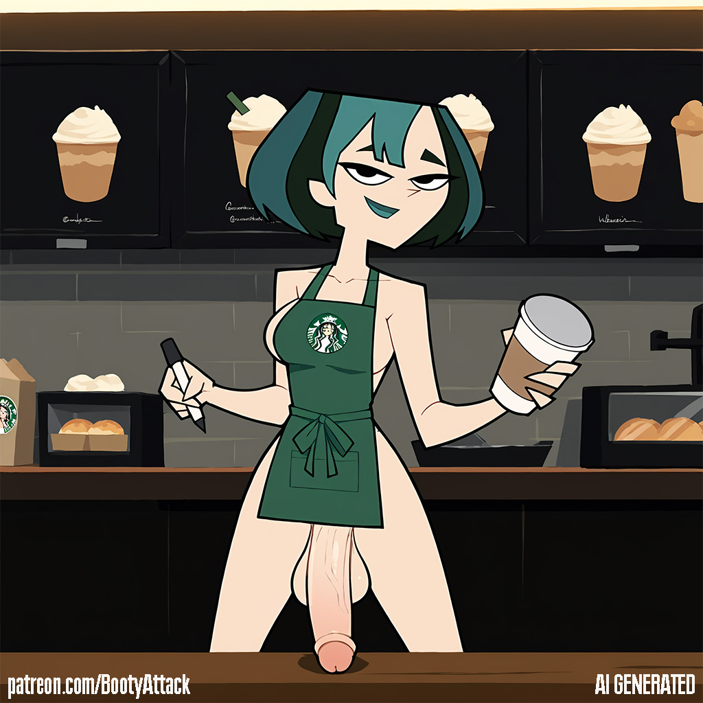 1futa, ai generated, apron, black eyes, black hair, bootyattack, breasts, dickgirl, futa only, futa sans pussy, futanari, goth, goth futa, green hair, gwen (tdi), intersex, meme, naked apron, penis, short hair, sideboob, smug, smug face, solo, solo focus, solo futa, stable diffusion, total drama island