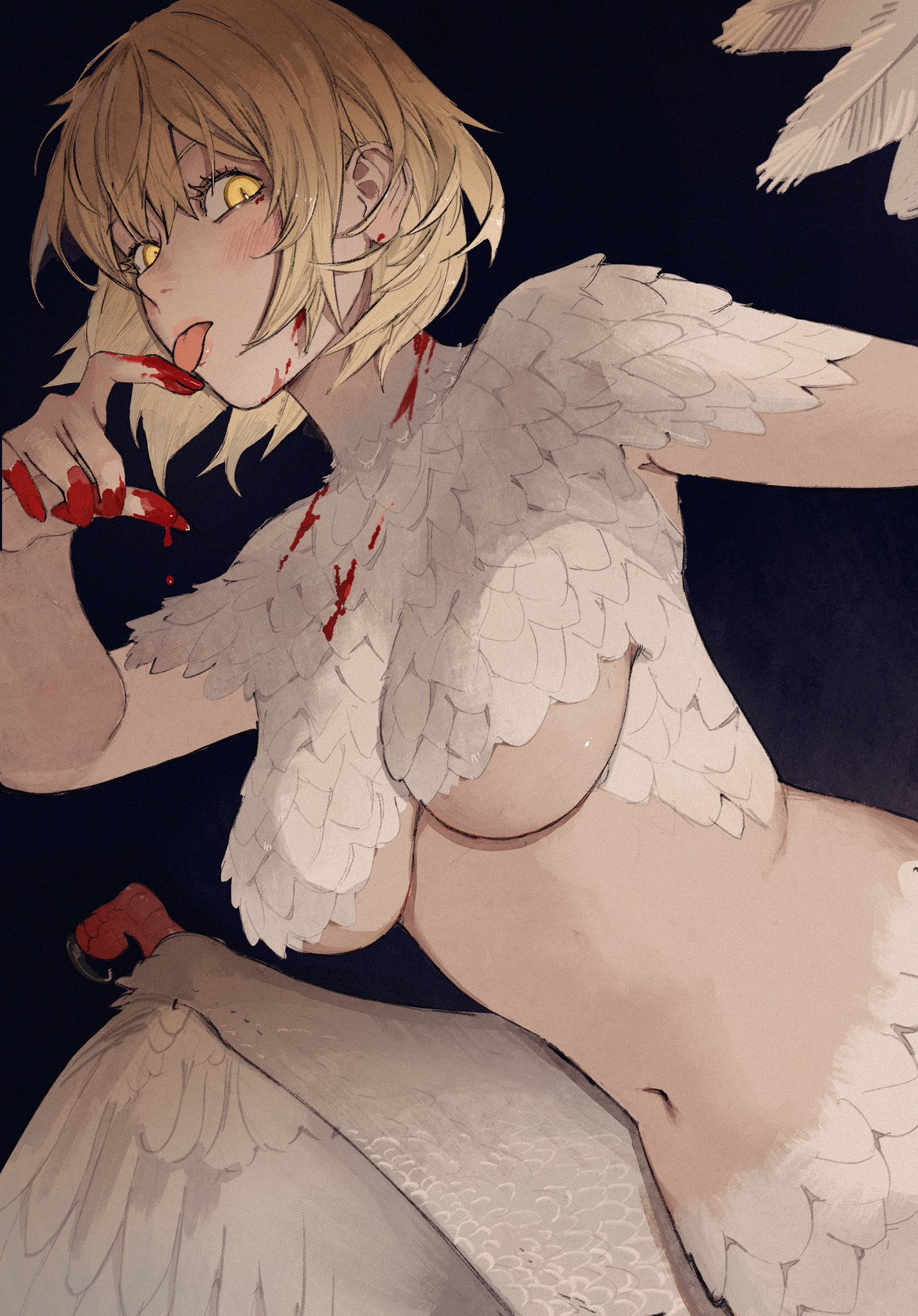 1girls, belly button, blonde hair, blood, blood stain, breasts, busty, chimera, dungeon meshi, falin touden, falin touden (chimera), feathered wings, feathers, female, giganticbuddha, licking fingers, light skin, light-skinned female, monster girl, tongue, tongue out, underboob, wings, yellow eyes