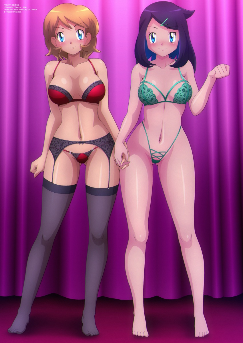 2girls black_hair blue_eyes brunette_hair collarbone eyebrows_visible_through_hair female female_only garter_belt green_lingerie hairclip holding_hands human light_blush liko_(pokemon) lingerie looking_at_viewer medium_breasts multiple_girls panties pokemon pokemon_(anime) pokemon_horizons red_lingerie serena_(pokemon) short_hair thick_thighs thighhighs wide_hips zel-sama