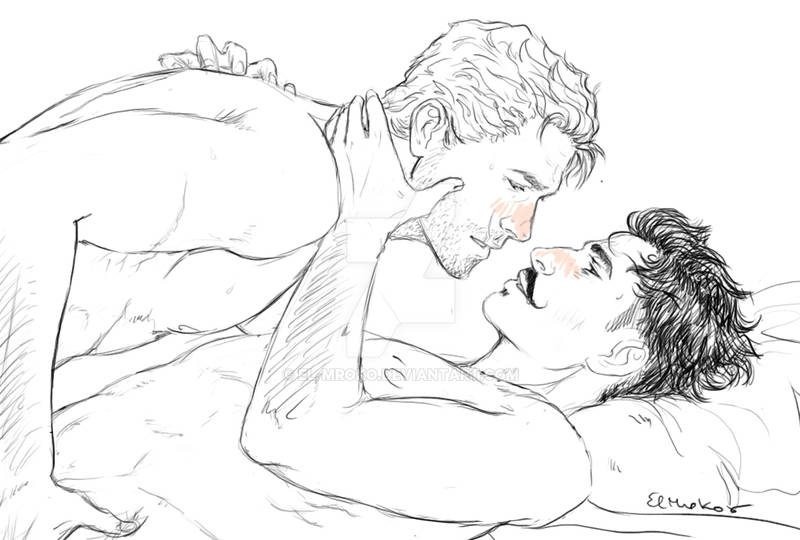 2boys abs almost_kissing artist_signature bara beard_stubble biceps black_and_white blush blush colorless cullen_rutherford dark_hair dorian_pavus dragon_age dragon_age_inquisition duo elmroko facial_hair gay gay_male hands_around_neck holding_partner human light_hair looking_at_another looking_at_partner lying lying_down lying_on_back mage male male/male male_only messy_hair monochrome moustache moustache muscles muscular muscular_male nipples pecs pillow shirtless straight_male stubble video_games yaoi