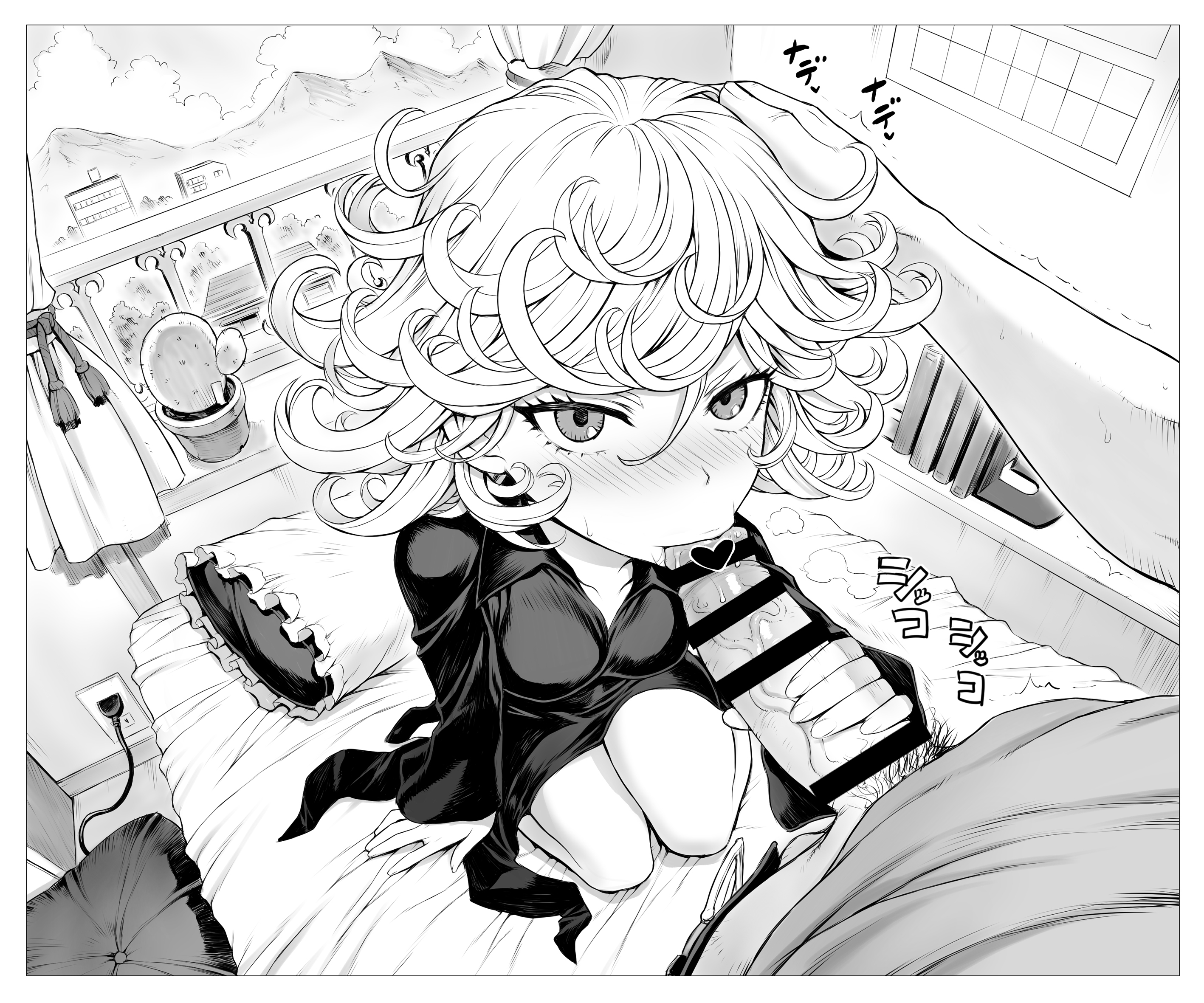 :>=, black dress, blowjob, female, male, mogudan, monochrome, one-punch man, penis, sucking penis, tagme, tatsumaki