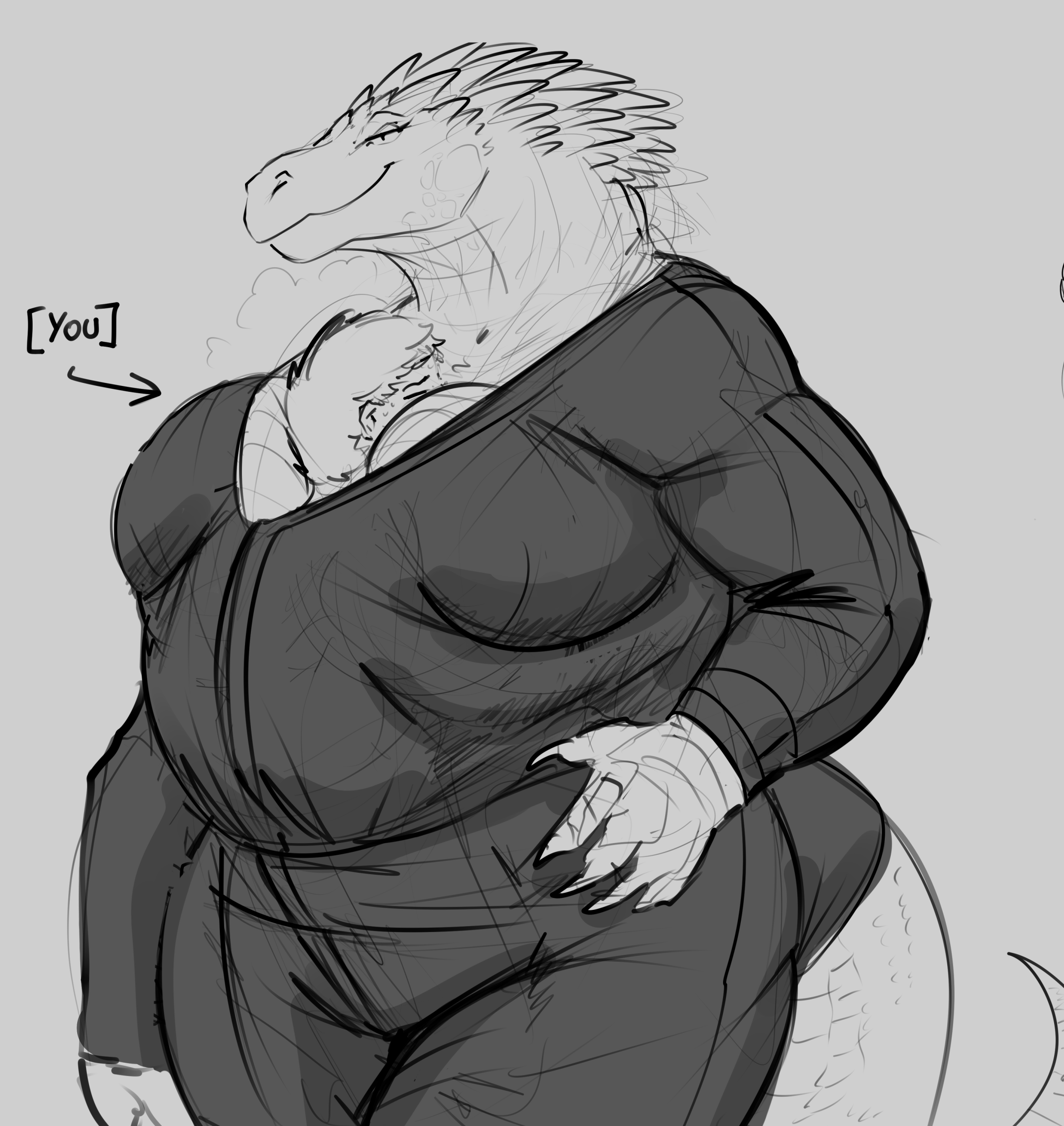 1boy, 1girls, anthro, anthro penetrated, belly riding, between breasts, big breasts, breasts, clothing entrapment, daxy, doctordj, dominant female, fanny packing, female, female focus, femdom, huge breasts, human, human on anthro, human penetrating, inside clothing, larger female, male, scalie, shared clothes, sharing clothes, smaller male, trapped in clothing
