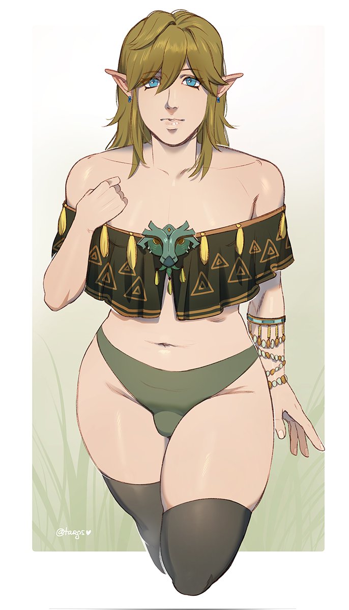 1boy bare_shoulders black_thighhighs blonde_hair blue_eyes bulge femboy link link_(breath_of_the_wild) link_(tears_of_the_kingdom) long_hair looking_at_viewer male male_only nintendo pointy_ears solo targso tears_of_the_kingdom the_legend_of_zelda thighhighs underwear