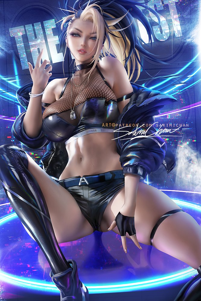 1girls, akali, alternate costume, big breasts, breasts, cleavage, dog tags, female, female only, k/da akali, k/da series, large breasts, league of legends, looking at viewer, necklace, sakimichan, solo, solo female, spread legs