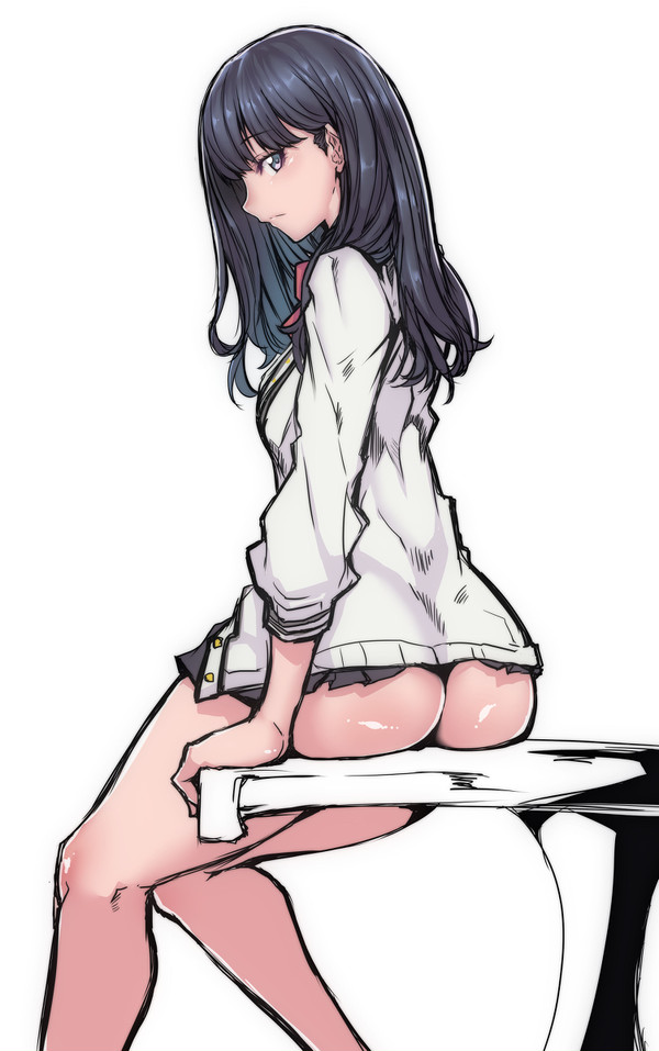 1girls, ass, ass hanging out, ass hanging out of skirt, big ass, big butt, black hair, blue eyes, color, desk, female, gggg, large ass, light skin, light-skinned female, looking at viewer, looking back, microskirt, pale skin, pale-skinned female, school uniform, short skirt, skirt, ssss.gridman, takarada rikka, thick thighs, white background