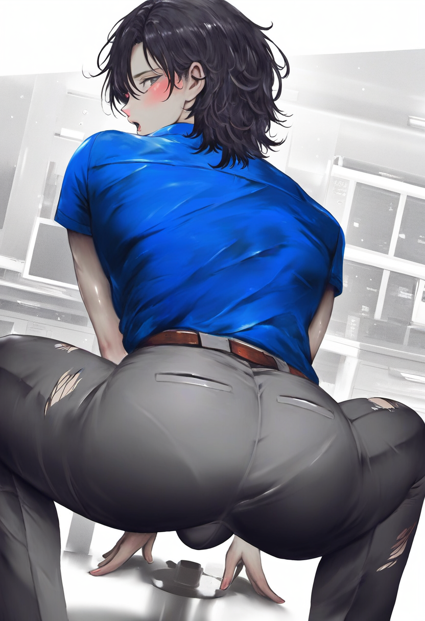 1boy ai_generated ass ass_focus back belt big_ass blue_shirt blush brown_belt bulge ctst4r eyebrows_visible_through_hair femboy grey_pants hair_between_eyes hi_res high_resolution highres looking_at_viewer looking_back male male_focus male_only open_mouth pants shirt solo solo_male squatting torn_clothes torn_clothing torn_pants