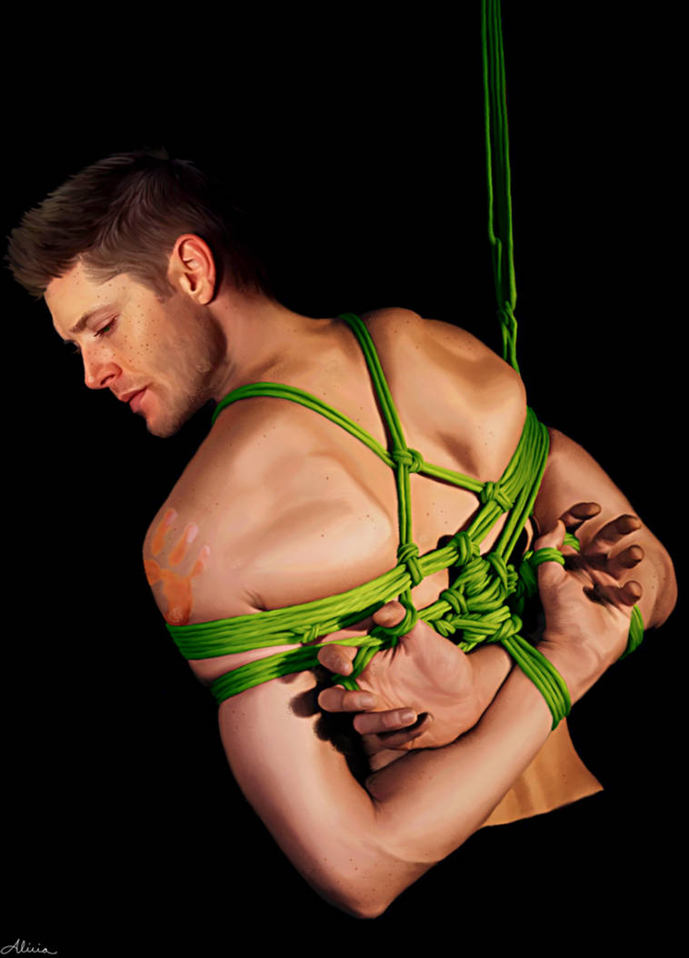 1boy actor artist_signature bara beard_stubble bondage bondage_harness brown_hair celebrity dean_winchester facial_hair freckles green_eyes half-dressed half_naked human in_character jensen_ackles licieoic light-skinned_male light_skin male male_only masculine pants realistic rope rope_bondage solo solo_male stubble supernatural_(series)