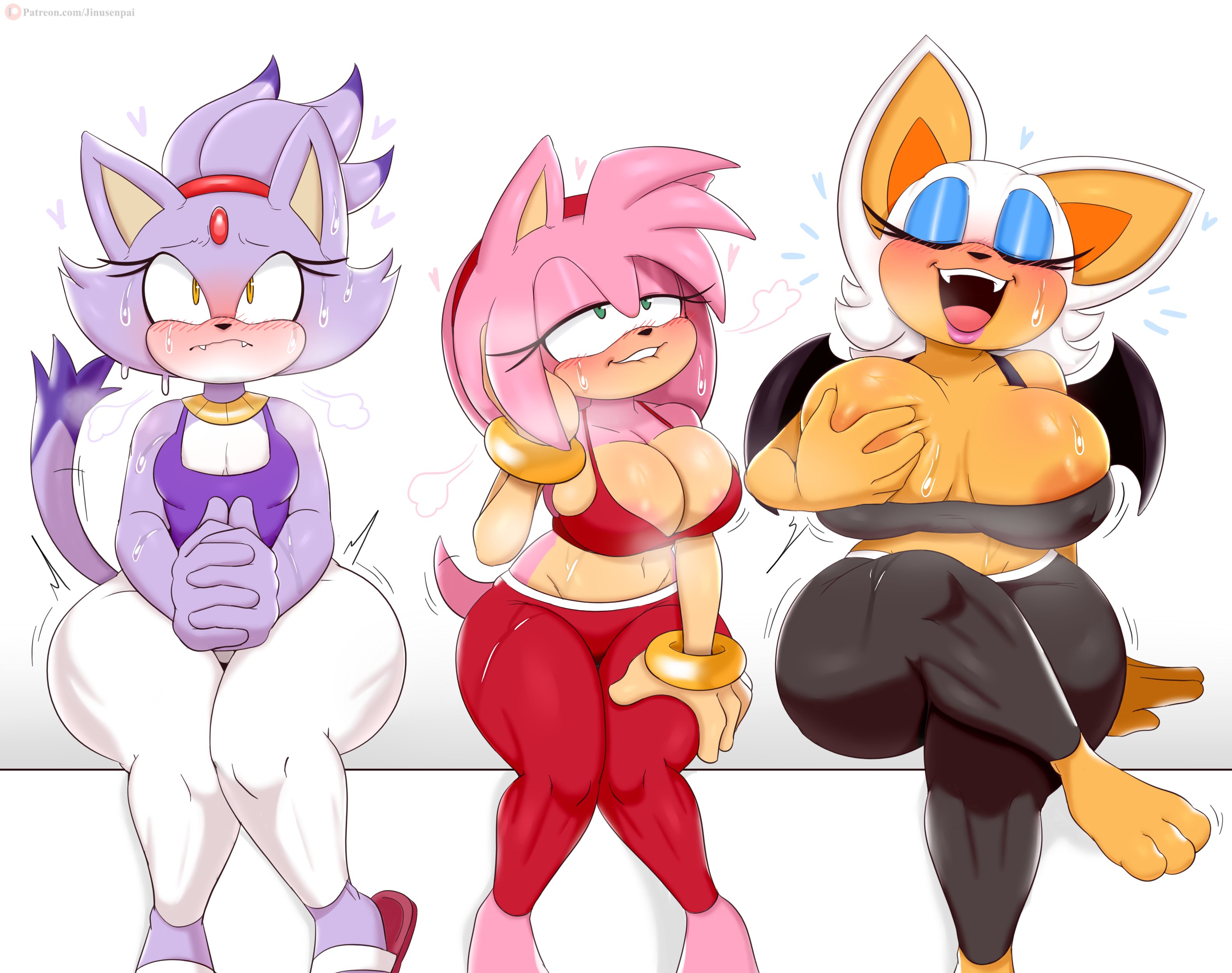 2020, 3girls, amy rose, anthro, aroused, barefoot, bat, big breasts, biting lip, blaze the cat, blush, bottom heavy, breast squeeze, breasts, cat, chiropteran, cleavage, closed eyes, clothed masturbation, clothing, duplicate, embarrassed, feline, female, female only, fur, furry, green eyes, group masturbation, hairband, heart, hedgehog, hourglass figure, huge breasts, implied masturbation, implied penetration, jinu, jinusenpai, large breasts, looking pleasured, mammal, masturbation, moaning, mobian (species), multiple females, multiple girls, naughty face, necklace, one breast out, open mouth, orgasm, pink fur, purple fur, repost, rouge the bat, seductive, seductive smile, sega, self fondle, sitting on dildo, small breasts, smile, sonic (series), sonic the hedgehog (series), sports bra, sweat, sweatdrop, tail, thick thighs, trio, video games, white background, white fur, wide hips, yellow eyes, yoga pants