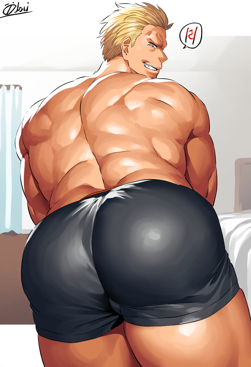 1boy ai_generated ass big_ass boxer_briefs ctst4r high_resolution highres hires inviting looking_back_at_viewer male male_focus male_only shiny_skin short_blonde_hair smooth_skin smug_expression smug_grun solo solo_male thick_legs thick_thighs underwear wide_hips