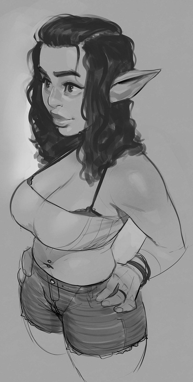 1girls 2018 alfie_(comic) alphanea_tolman bra bra_strap cleavage clothed contemporary fantasy female female_only halfling halfling_female incase large_breasts long_ears long_hair monochrome navel navel_piercing piercing pinup shorts shortstack sketch solo solo_female tagme tube_top tubetop