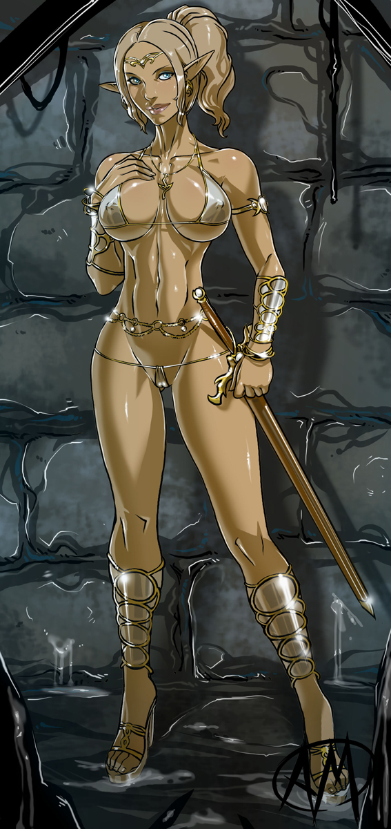 1girls abs bikini bikini_armor blonde_hair blue_eyes bracelet elf elf_ears female fit fit_female fullytank ganassa jewelry large_breasts lots_of_jewelry original original_character paladin pointy_ears ponytail sword syndori voluptuous