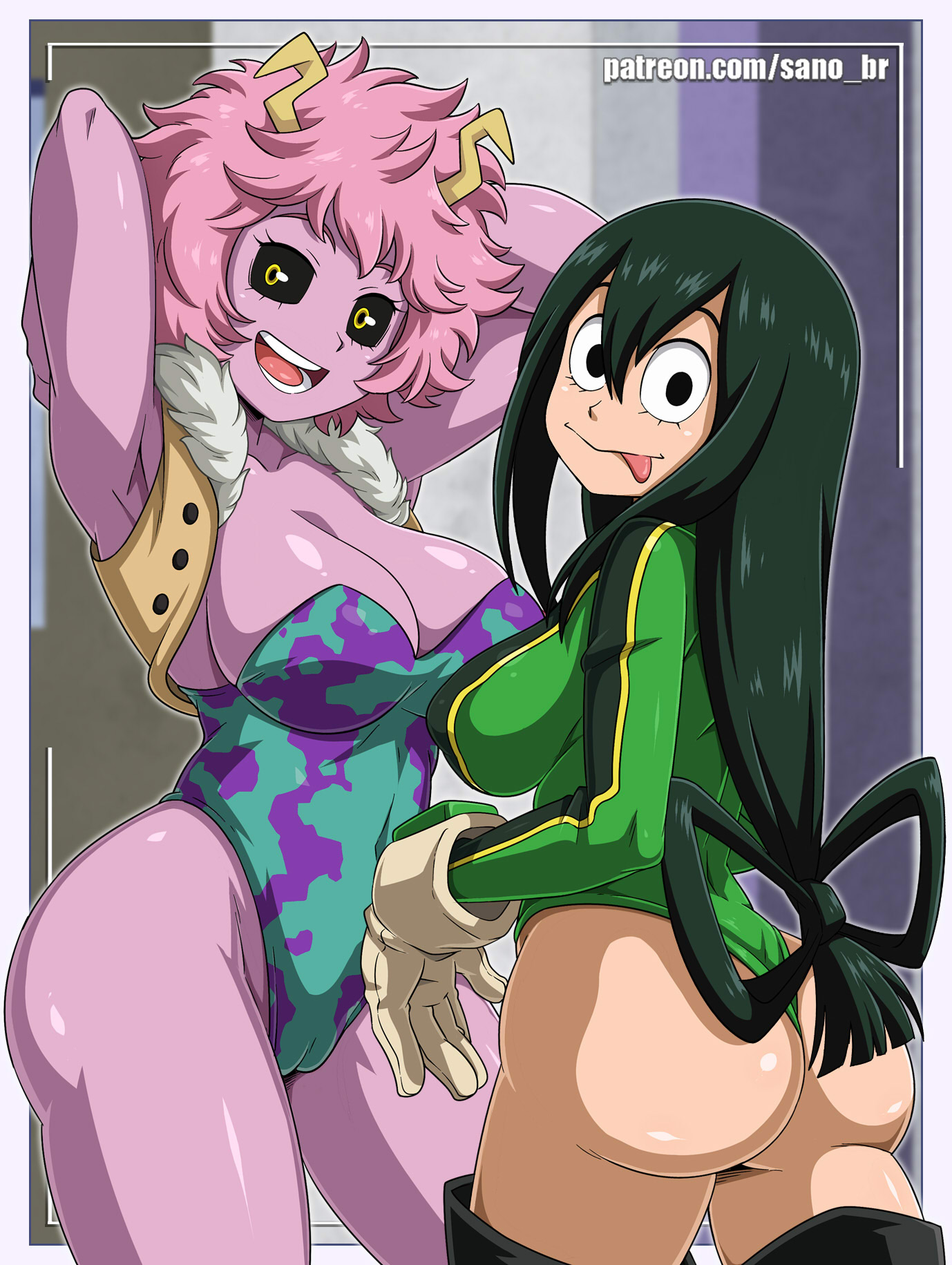 2girls, ass, big ass, big breasts, big butt, bodysuit, boots, breasts, bubble ass, bubble butt, busty, cameltoe, cleavage, clothed, female, female only, fully clothed, green hair, green-haired female, hero outfit (mha), huge ass, huge breasts, leotard, long hair, looking at viewer, mina ashido, multiple females, multiple girls, my hero academia, nipple bulge, patreon, patreon username, pink hair, pink skin, pink-haired female, pussy, sano-br, short hair, simple background, skin tight, superhero costume, teenager, thick ass, tsuyu asui