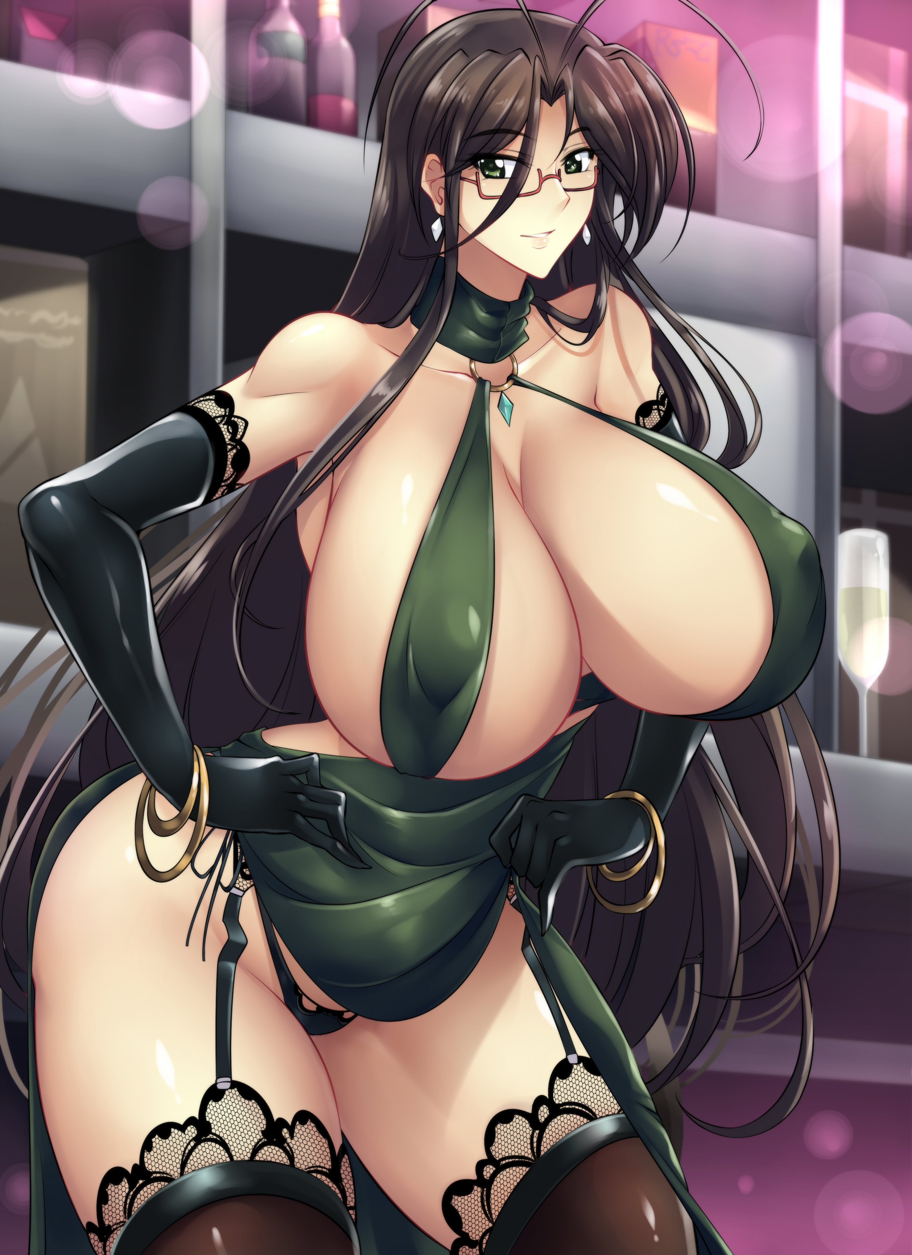 1girls, alcohol, bar, black gloves, bracelet, breasts, brown hair, cleavage, clothed, curvy, dress, earrings, elbow gloves, female, garter belt, glasses, gloves, green eyes, haganef, hand on hip, hasegawa chisato, hi res, huge breasts, indoors, jewelry, pose, shinmai maou no testament, smile, solo, solo focus, thick thighs, very long hair
