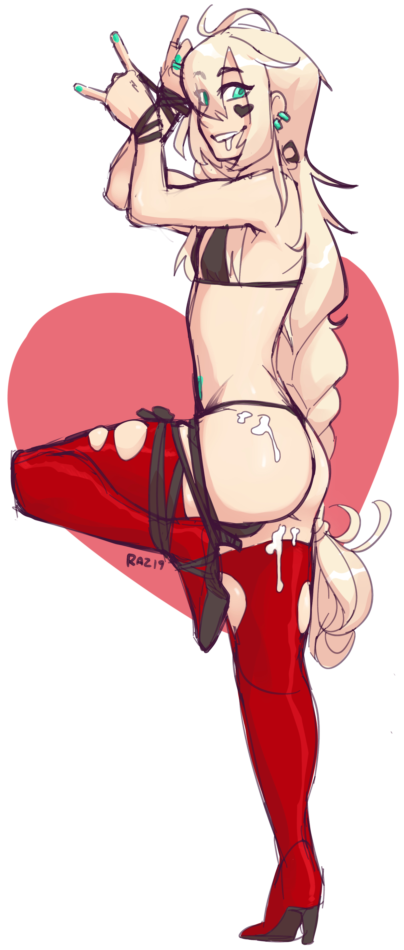 1boy, balls, balls in panties, blonde hair, bra, bulge, cum, ear piercing, femboy, flat chest, girly, green eyes, hair, long hair, male, panties, piercings, raza, skindentation, solo, thigh boots, thighhigh boots, tied up