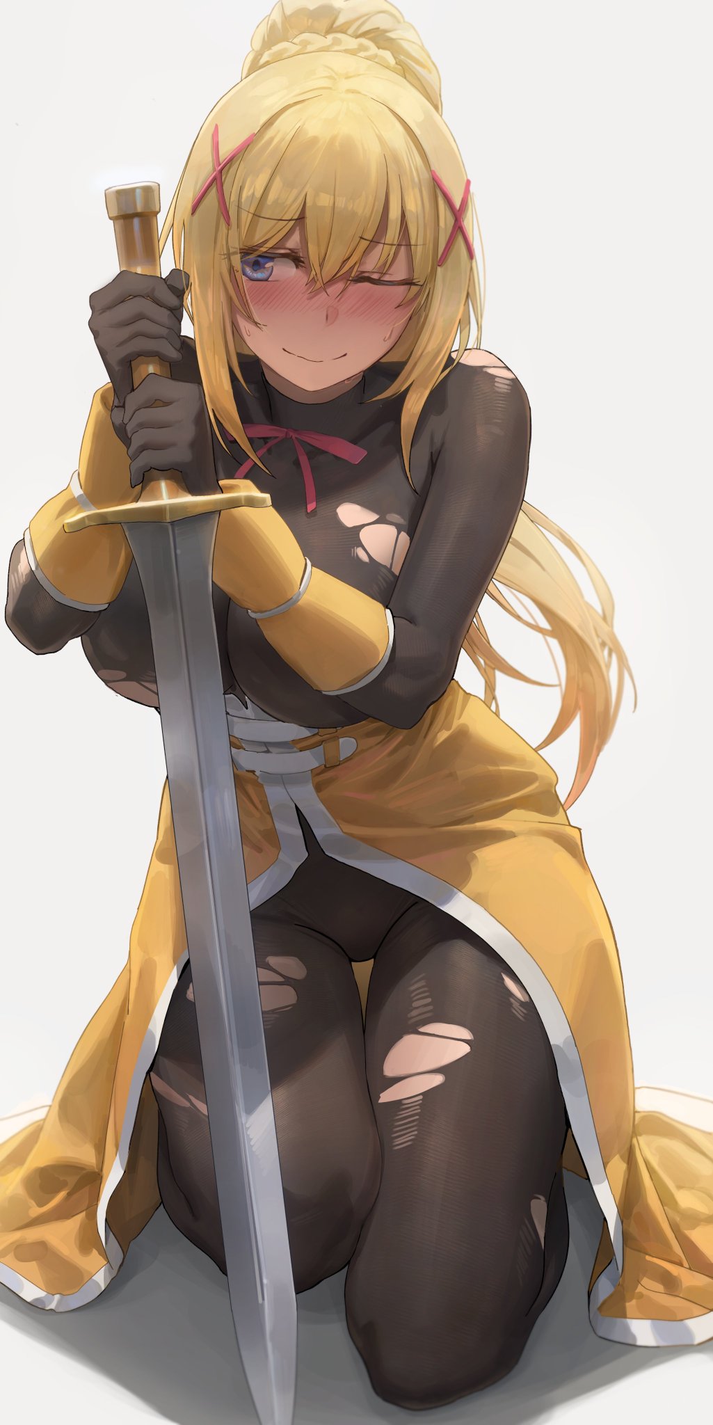 1girl 1girls big_breasts blonde_hair blue_eyes bodystocking darkness_(konosuba) eyebrows_visible_through_hair kneeling kono_subarashii_sekai_ni_shukufuku_wo! smiling torn_clothes torn_clothing wink yohan1754