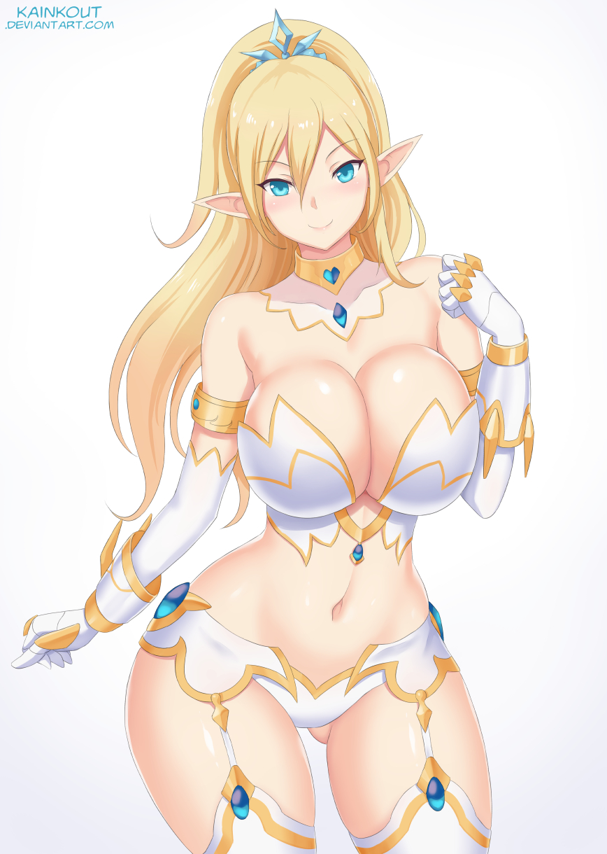 1girls belly blonde_hair blue_eyes female garter_belt gauntlets hair_ornament janna_windforce kainkout league_of_legends long_hair navel revealing_clothes thighhighs voluptuous