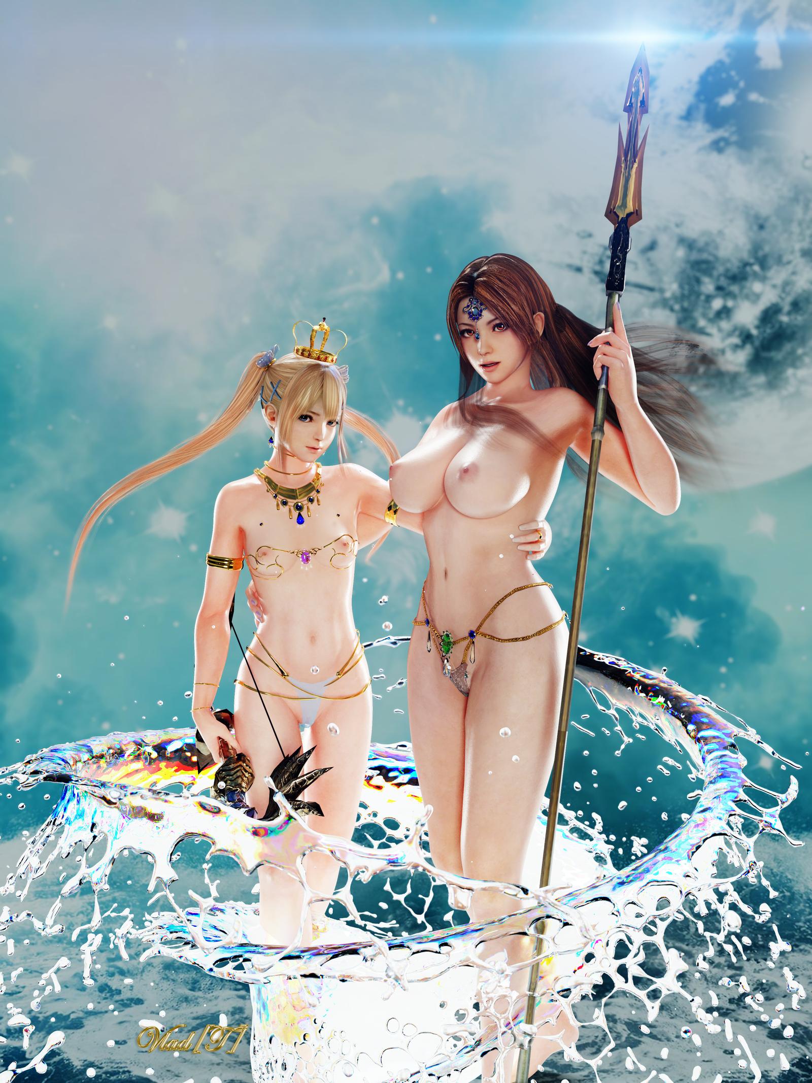 2girls, 3d, arm on side, blonde hair, blue eyes, breasts, brown eyes, brown hair, casual nudity, crown, dancer, dead or alive, exposed breasts, fatal fury, female, female only, flat chest, jewelry, king of fighters, large breasts, looking at viewer, lots of jewelry, magic, mai shiranui, marie rose, revealing clothes, size difference, small breasts, snk, spear, topless, twintails, venus bikini, voluptuous, water, xvladtepesx