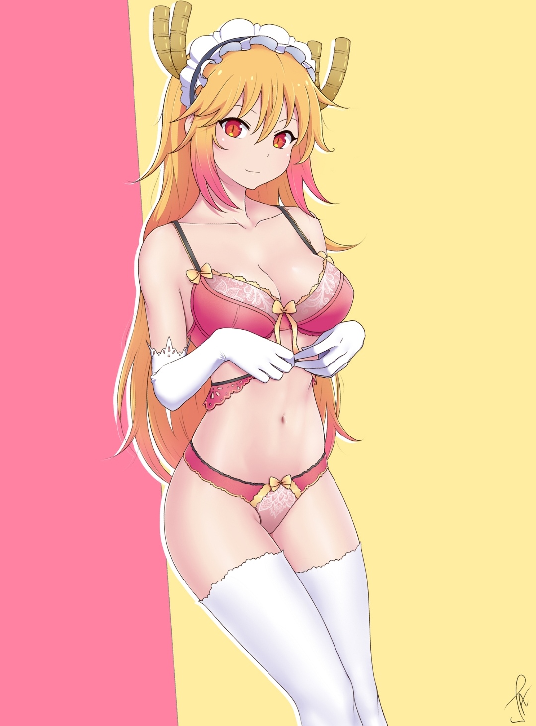 blonde hair, bra, dragon maid, elbow gloves, female, female only, horn, miss kobayashi's dragon maid, panties, thighhighs, tohru (dragon maid)