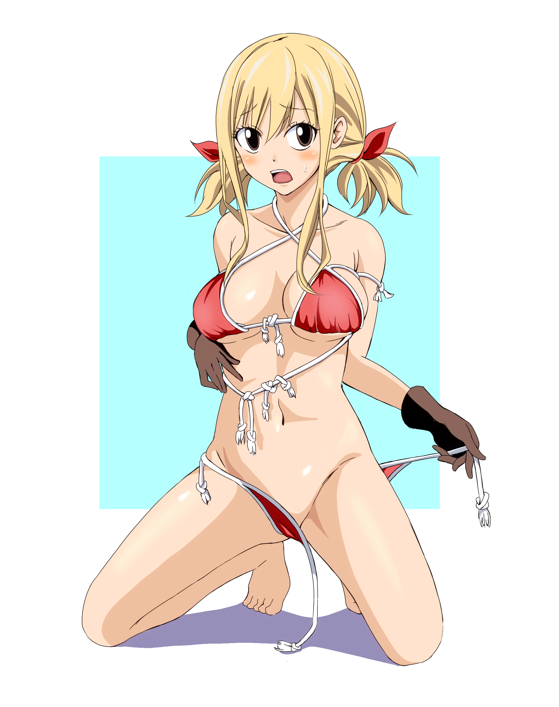 1girls, barefoot, bikini, bikini bottom, bikini top, blonde hair, blonde-haired female, blush, brown eyes, embarrassed, fairy tail, feet, female, gloves, hair ribbon, kneeling, light skin, light-skinned male, looking at viewer, lucy heartfilia, male, nasunaasu, on knees, open mouth, pale skin, pale-skinned male, panties, pigtail, pose, posing, ribbons, solo, solo female, solo focus, squatting, tied hair, toes, undressing