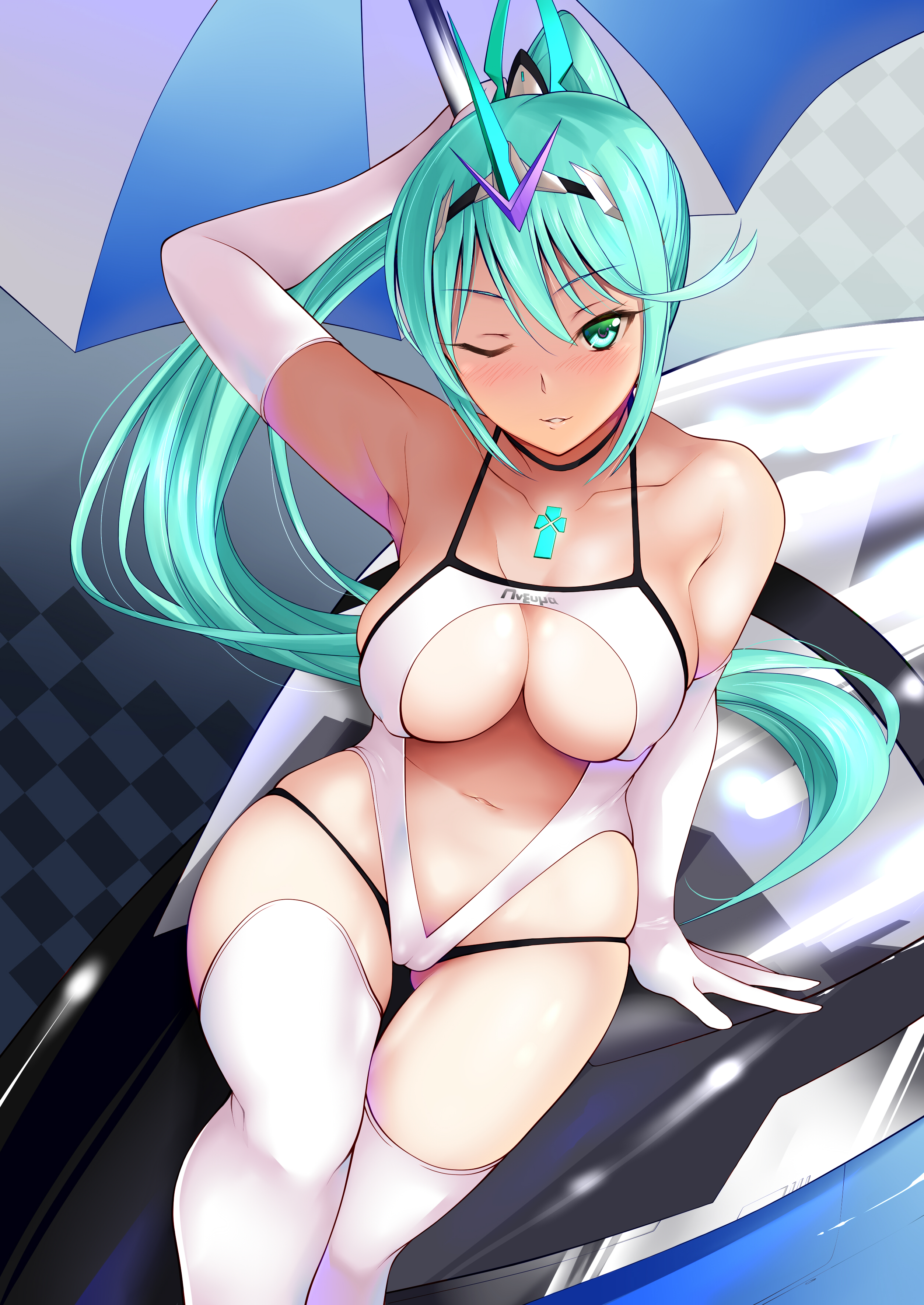 ;d, 1girls, absurdres, alternate costume, armpits, bangs, bare shoulders, blush, breasts, center opening, chest jewel, cleavage, collarbone, daive, female, gem, green eyes, green hair, hair ornament, headpiece, highres, jewelry, large breasts, latex, leotard, long hair, looking at viewer, navel, nintendo, one eye closed, open mouth, pneuma (xenoblade), smile, solo, swept bangs, thighhighs, thighs, tiara, very long hair, white leotard, xenoblade (series), xenoblade chronicles 2
