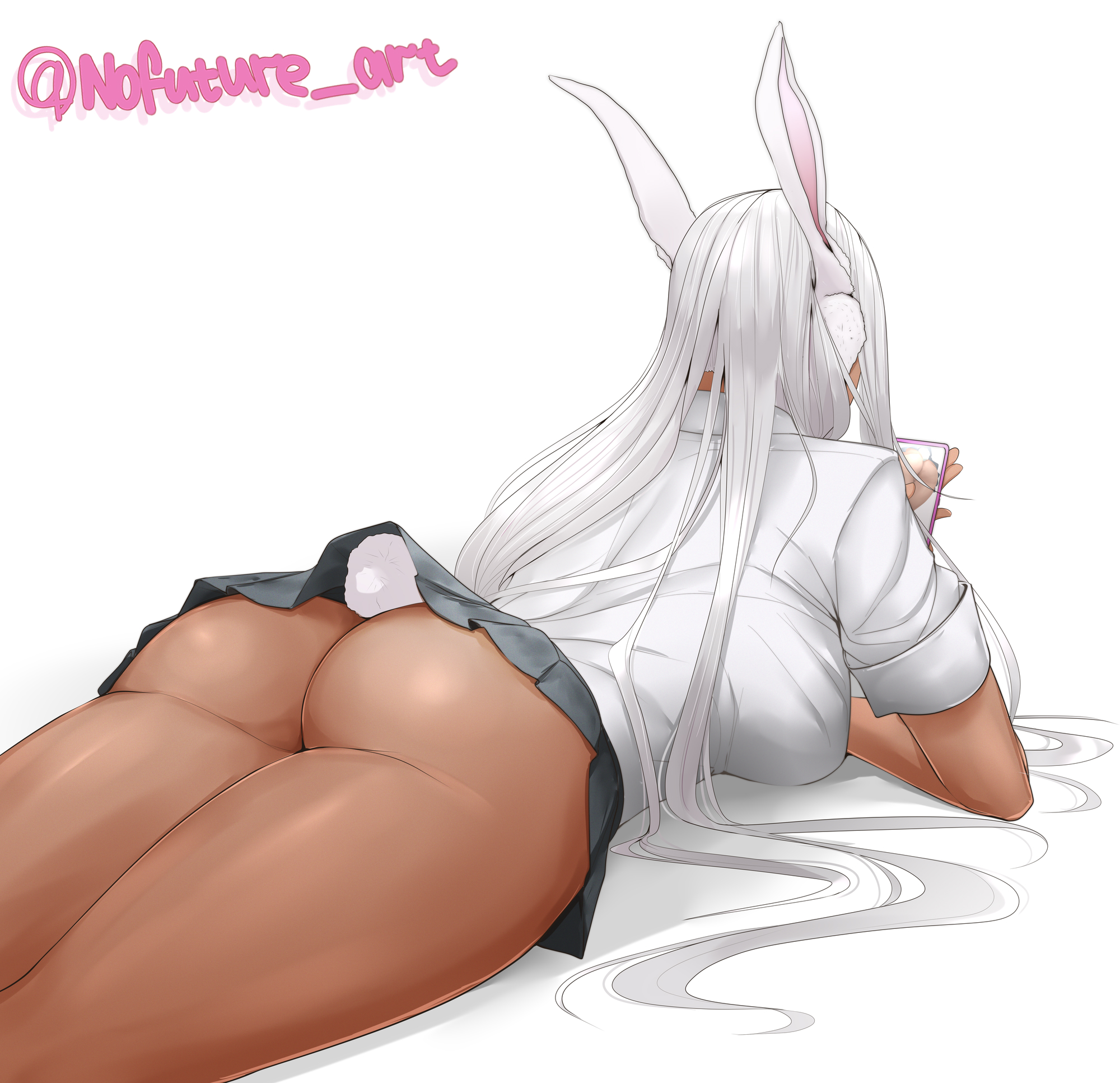 1girls, ass, bed, big ass, big breasts, bottomless, breasts, bunny ears, bunny tail, dark skin, dark-skinned female, female, headphones, huge ass, long hair, miniskirt, miruko, my hero academia, nofuture, phone, rumi usagiyama, school uniform, schoolgirl, skirt, thick ass, url, white background