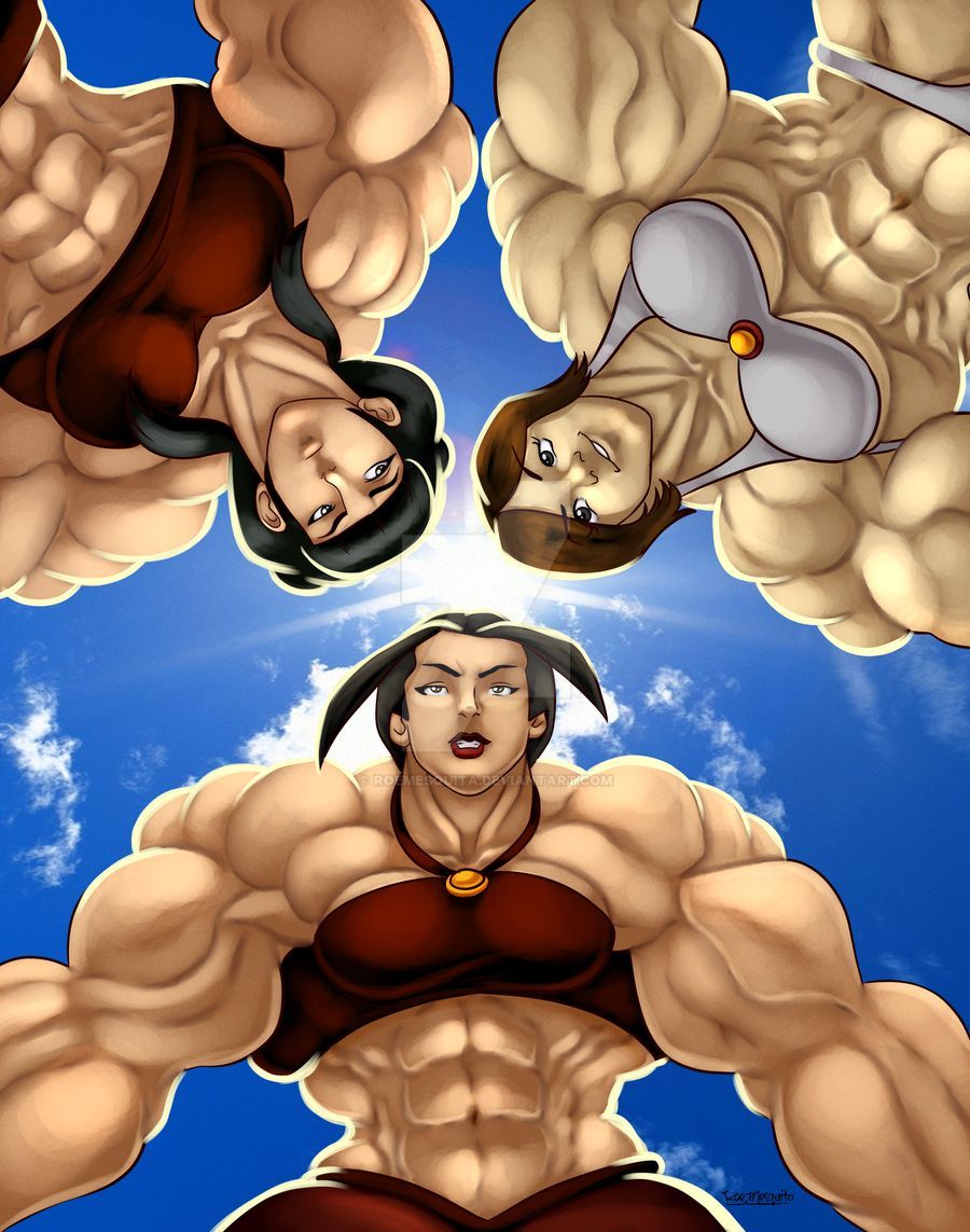 3girls avatar_the_last_airbender azula extreme_muscles mai_(avatar) medium_breasts multiple_girls muscular muscular_female roemesquita swimsuit ty_lee